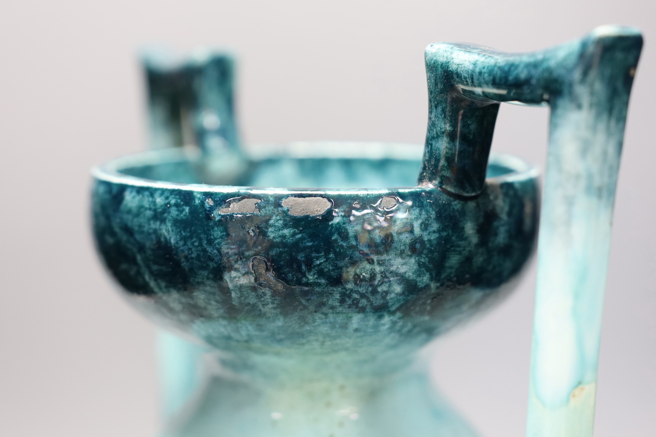A Julius Dressler two handle ‘lily pond’ pottery vase, 36cm high
